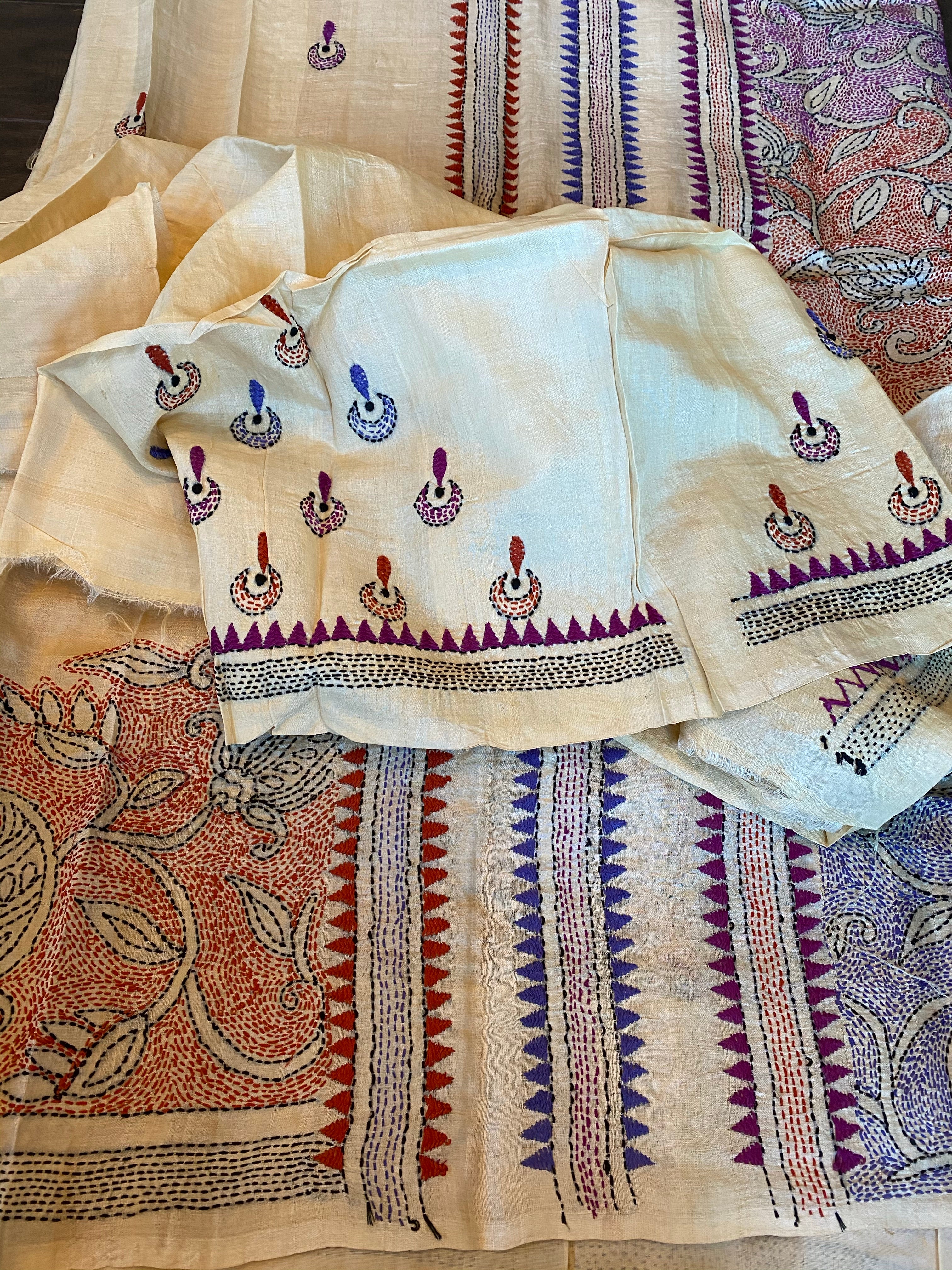 Pure Tussar Silk Kantha Stitch - Beige Multi Color