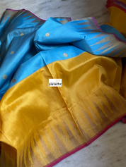 Pure Silk Katan Banarasi - Blue Yellow Kadwa