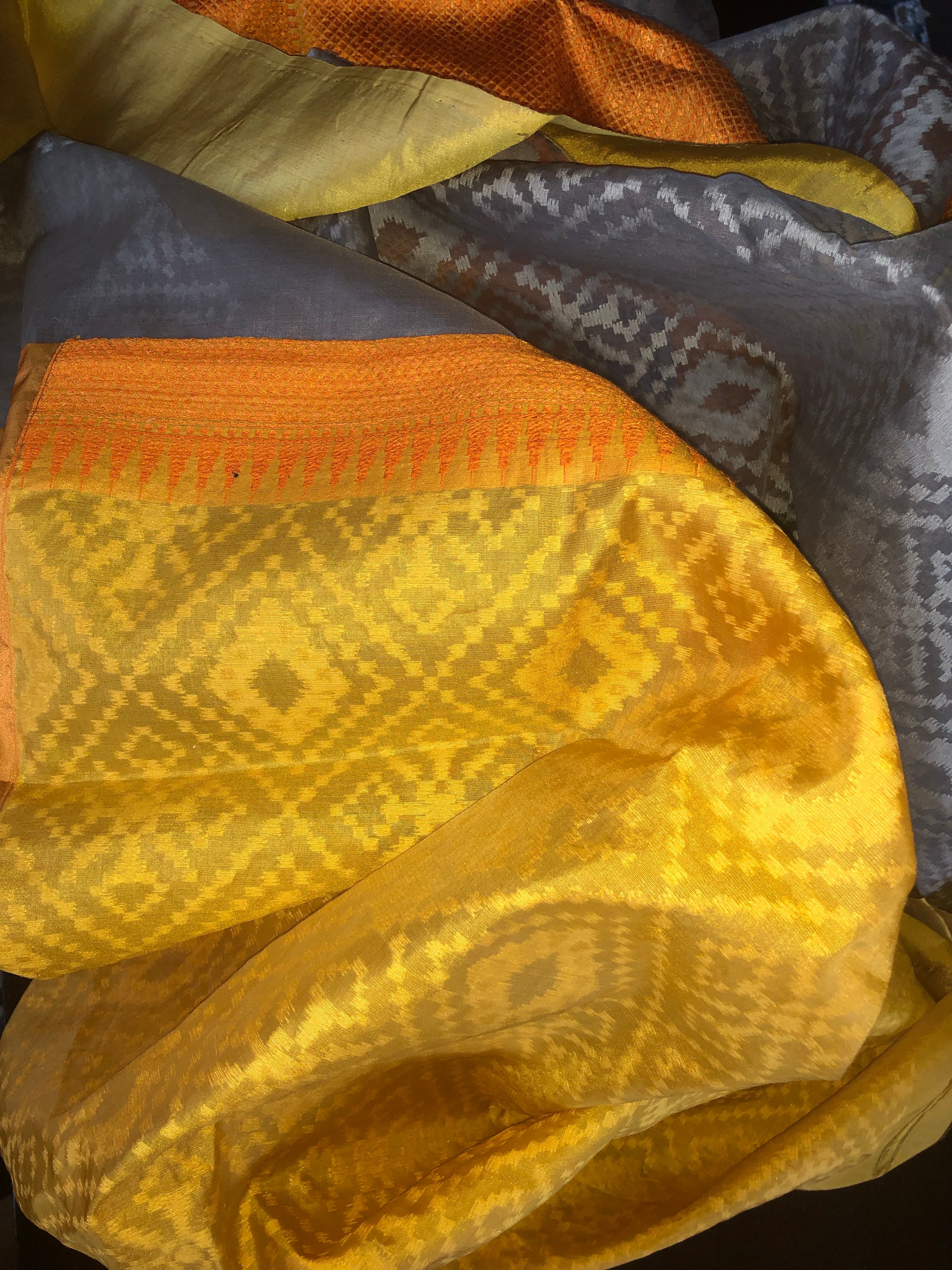 Kora Tussar Jamdani Banarsi - Grey Orange Golden Zari