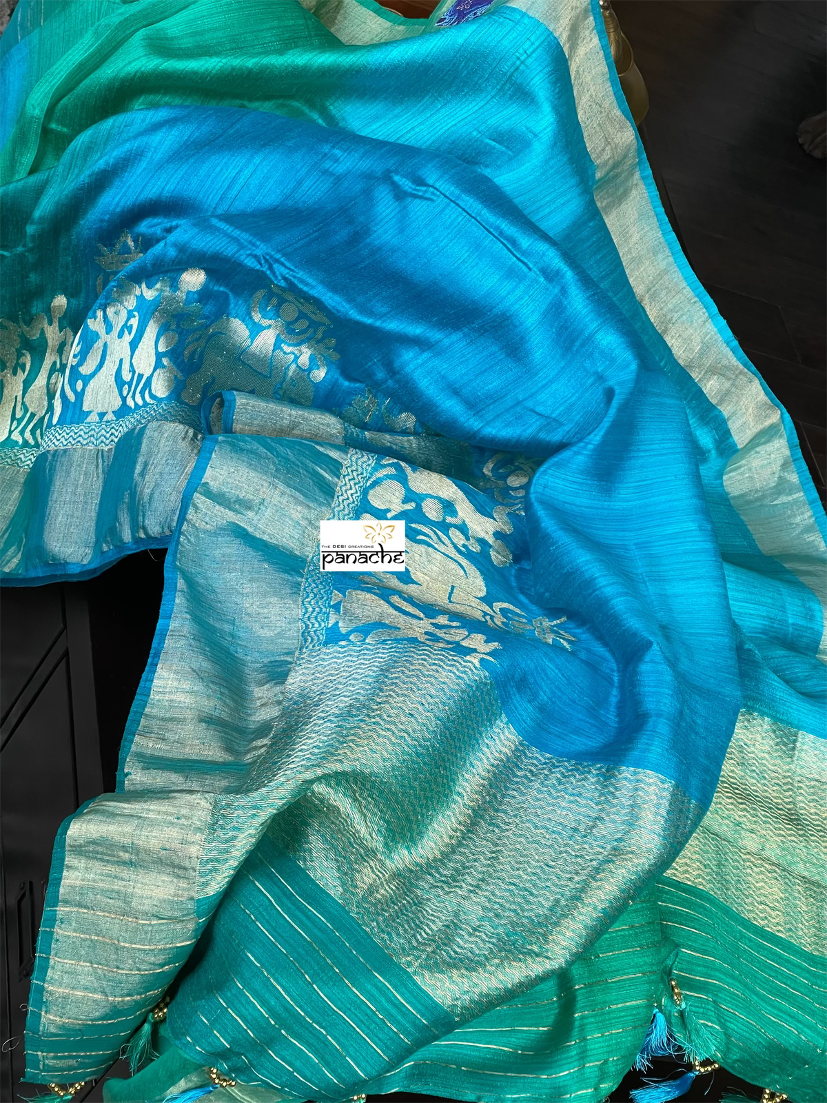 Raw Silk Banarasi - Firozi Blue Sea Green Shaded