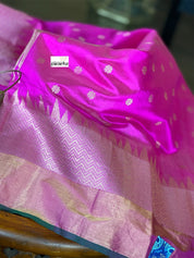 Pure Chanderi Pattu Silk - Magenta Pink Green Golden Silver Zari Woven
