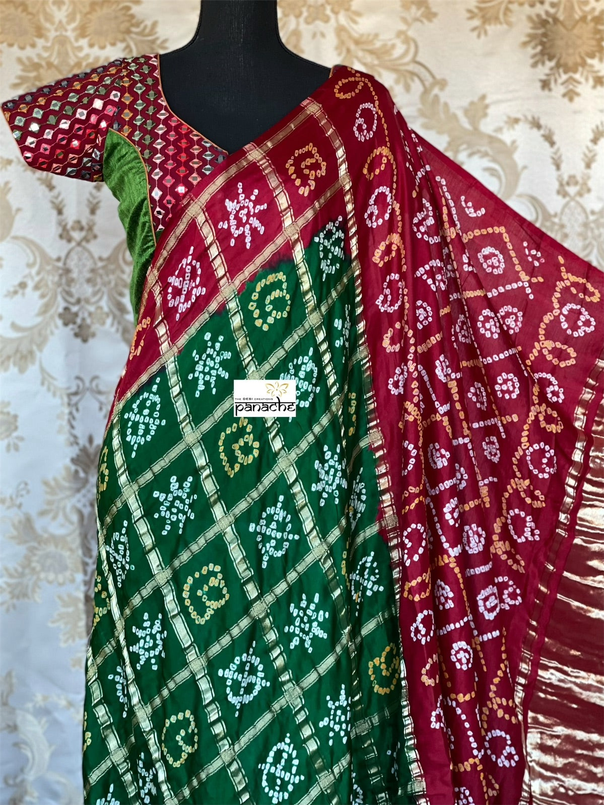 Pure Gajji Silk Gharchola - Green  Red Bandhej