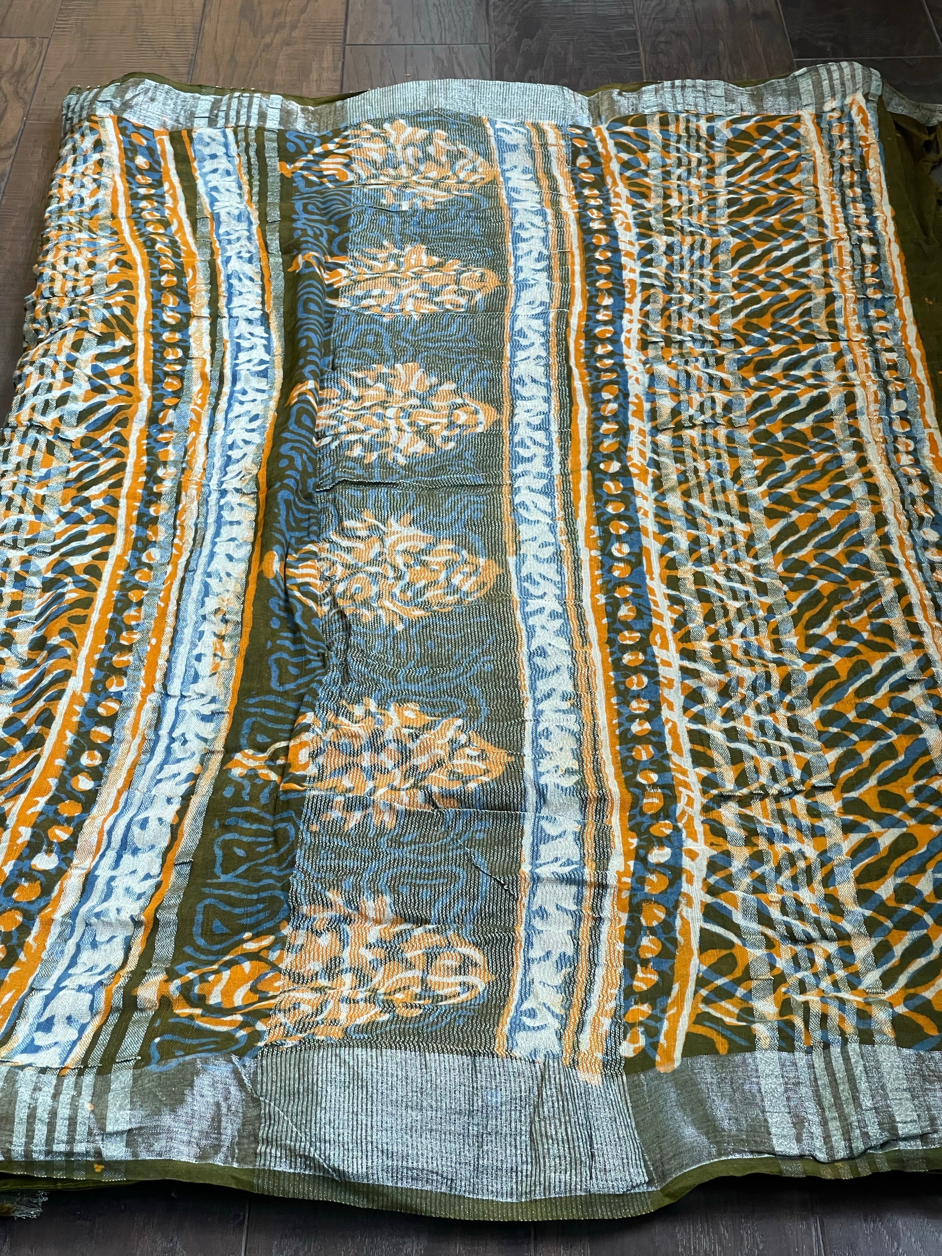 Linen Printed - Orange Green Blue