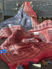 Tussar Georgette Banarasi- Grey Maroon Black