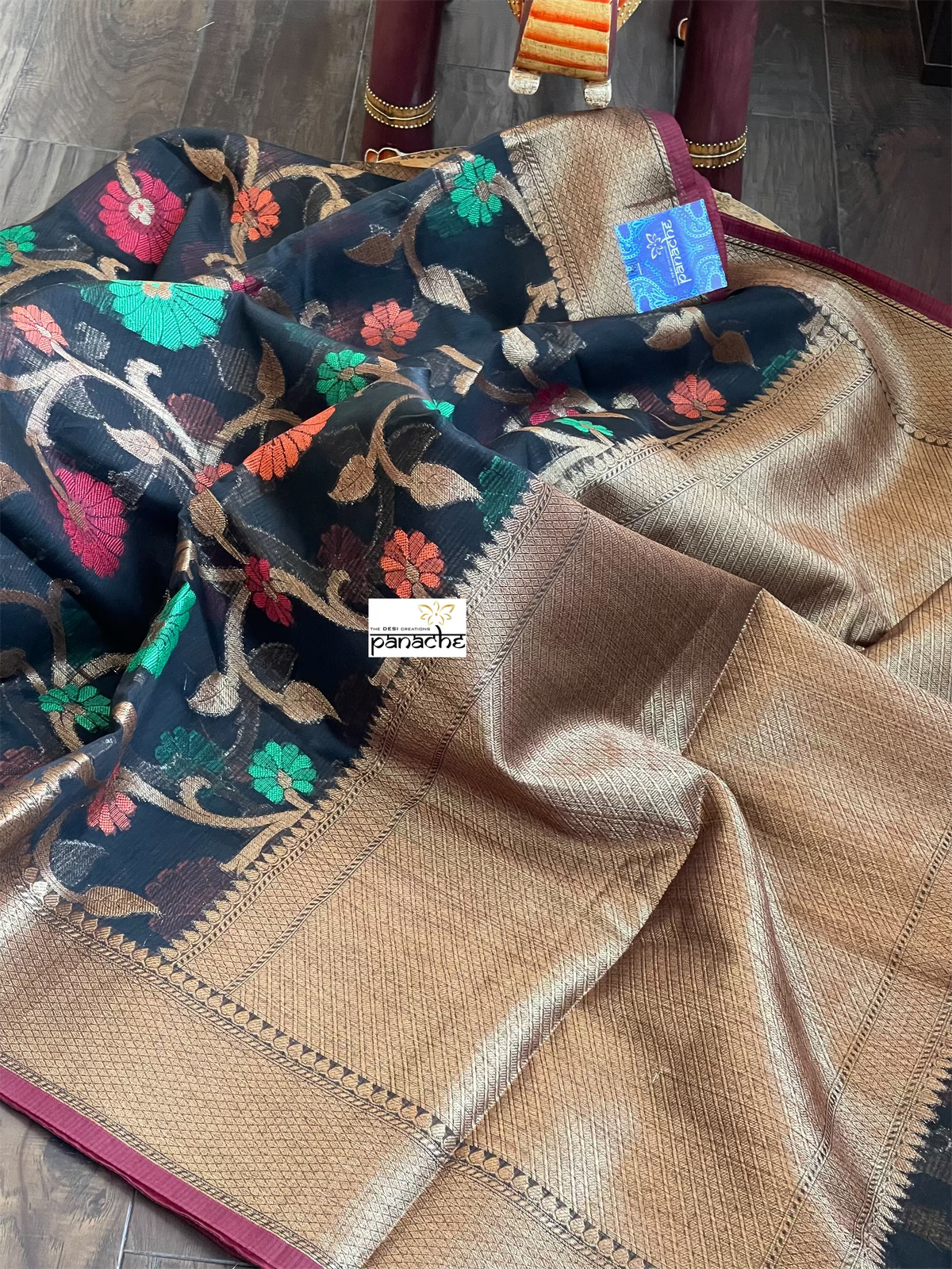 Cotton Silk Banaras Chanderi - Black Meenakari