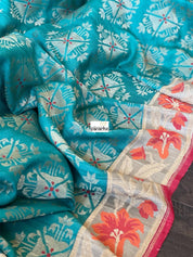 Tussar Georgette Banarasi- Teal Blue Orange Paithani border