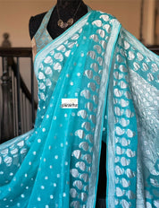 Khaddi Georgette Banarasi - Firozi Blue Silver Zari