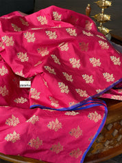 Pure Katan Silk Checkered Banarasi - Pink Royal Blue woven