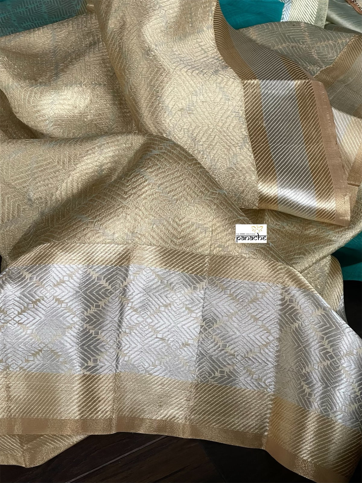 Linen Silk Banarsi - Firozi Silver Golden Zari