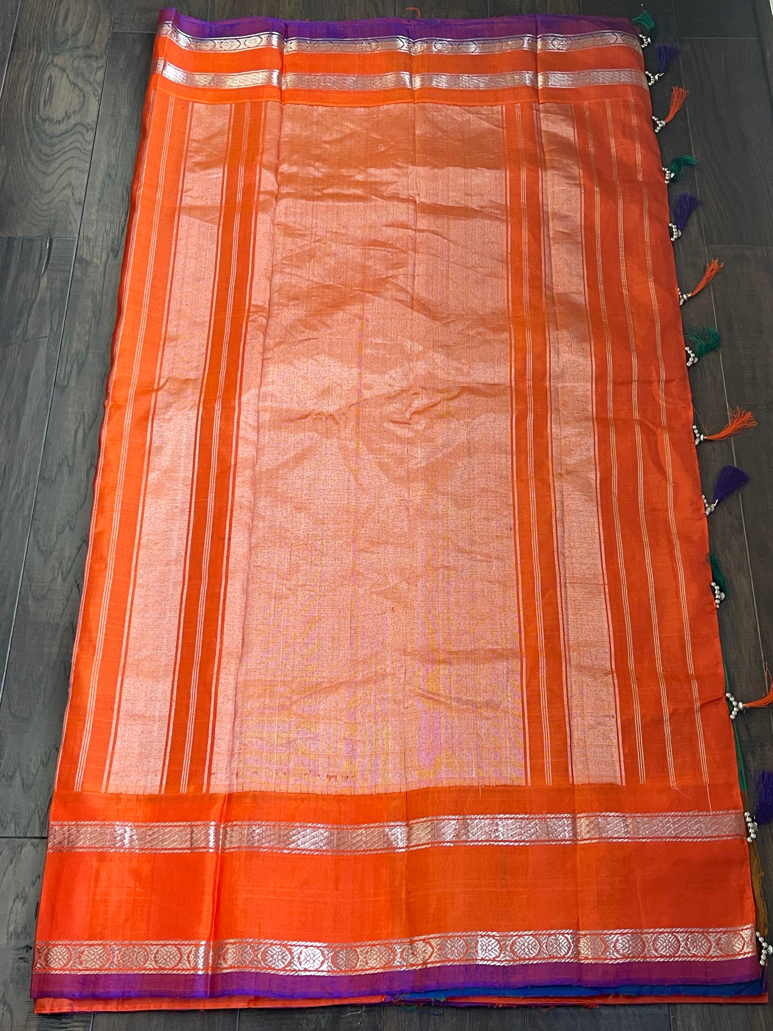 Silk Gadwal - Green Orange Checkered Golden Zari