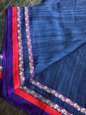 Designer Tussar Gicha Silk - Midnight Blue Appliqué