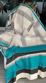 Pure Cotton Silk Printed - Beige Black Firozi Printed