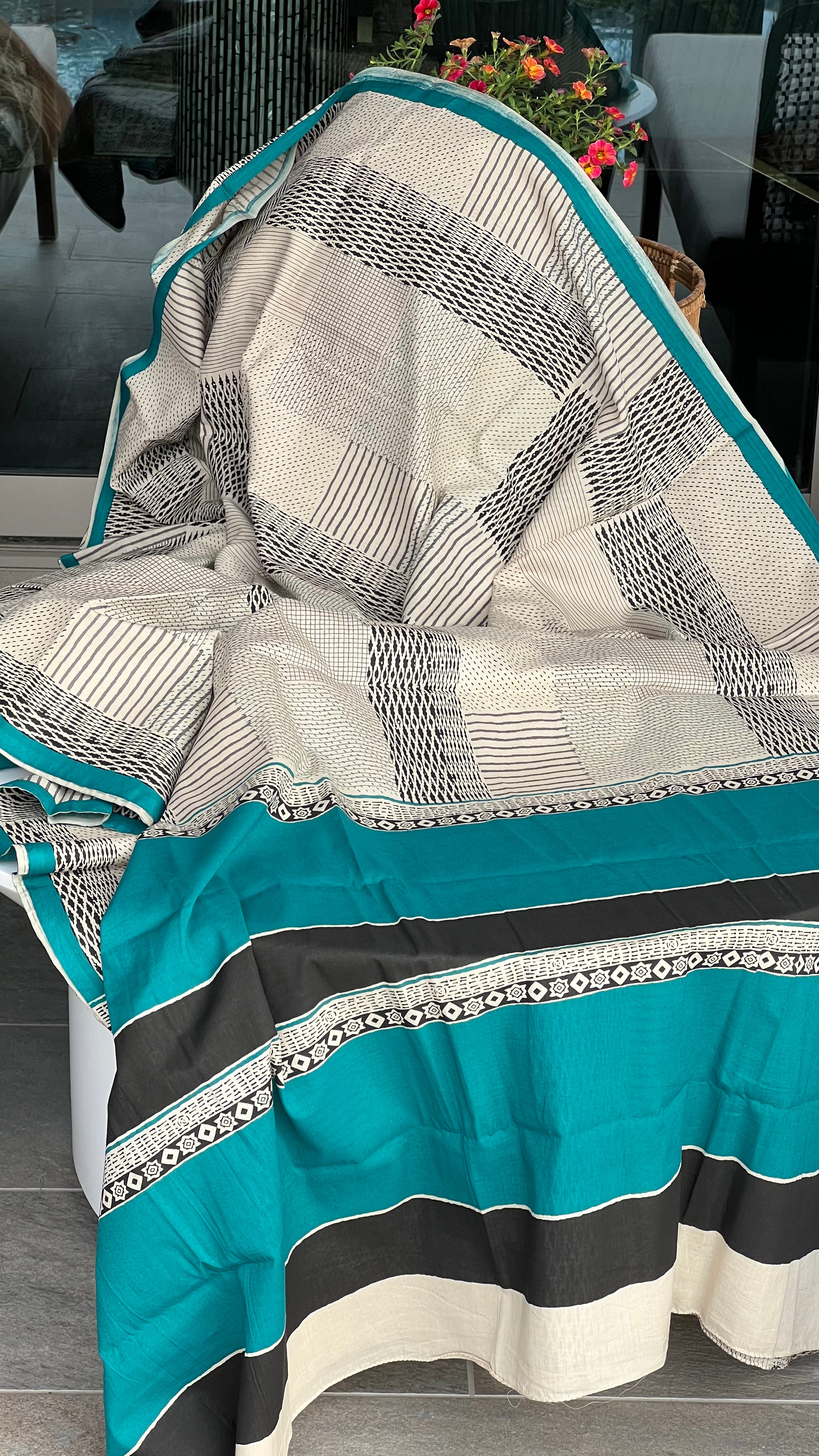 Pure Cotton Silk Printed - Beige Black Firozi Printed
