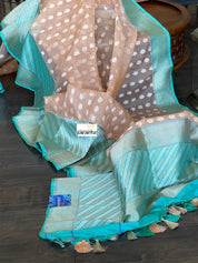 Organza Silk Banarasi - Light Peach Sea Green Antique Zari