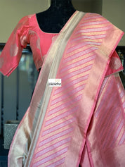 Pure Katan Silk Benarasi - Ivory Pink Golden Silver Zari