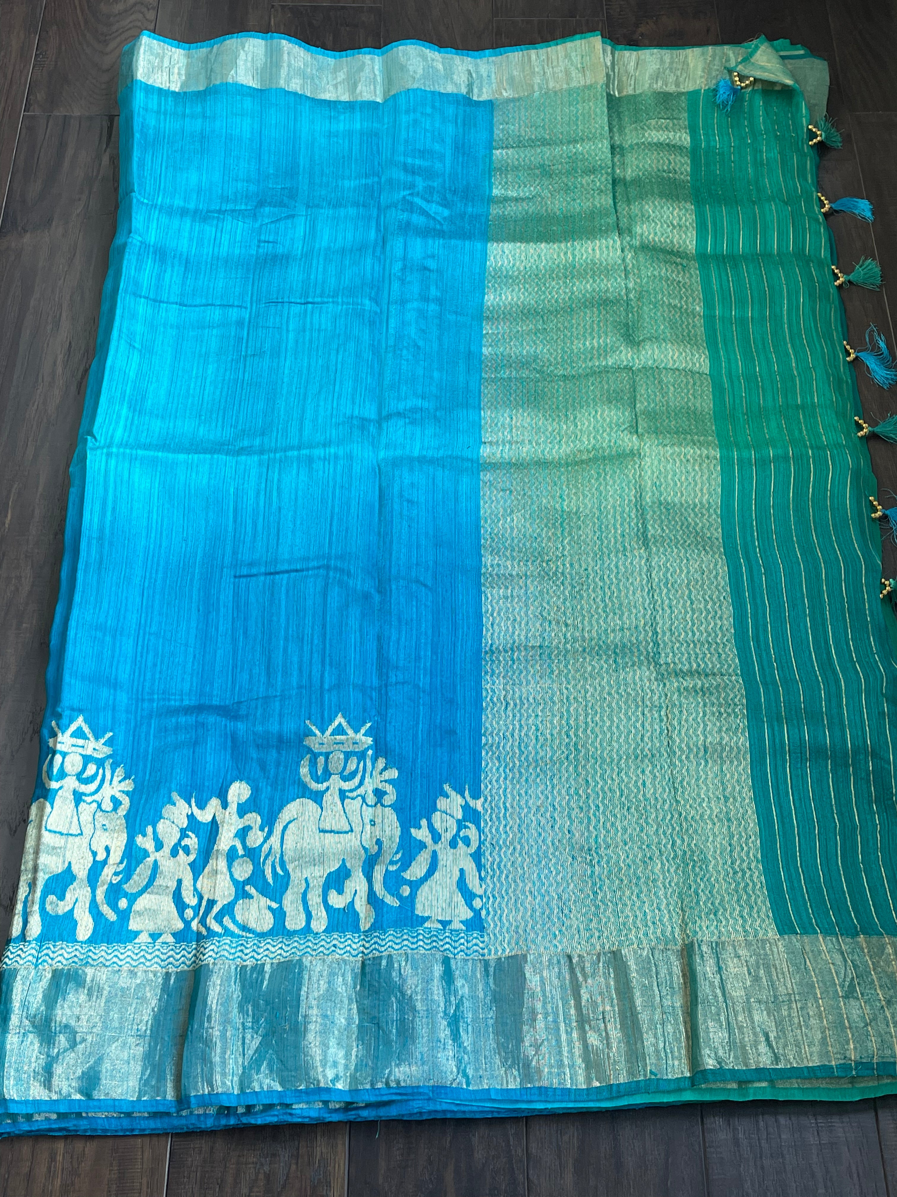 Raw Silk Banarasi - Firozi Blue Sea Green Shaded