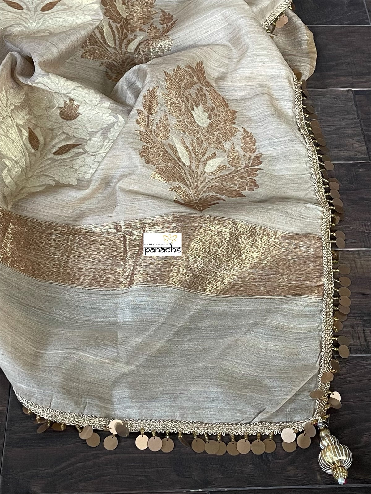 Designer Tussar Silk Banarasi - Beige Antique Zari