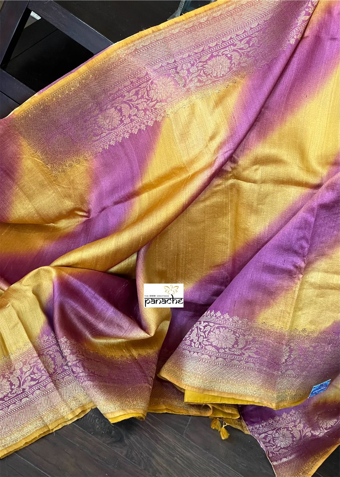 Tussar Silk Banarasi Shaded - Yellow Purple Antique Golden Zari