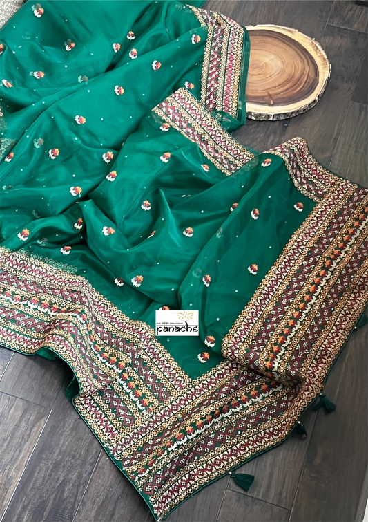 Designer Organza - Green Gujarati Stitch