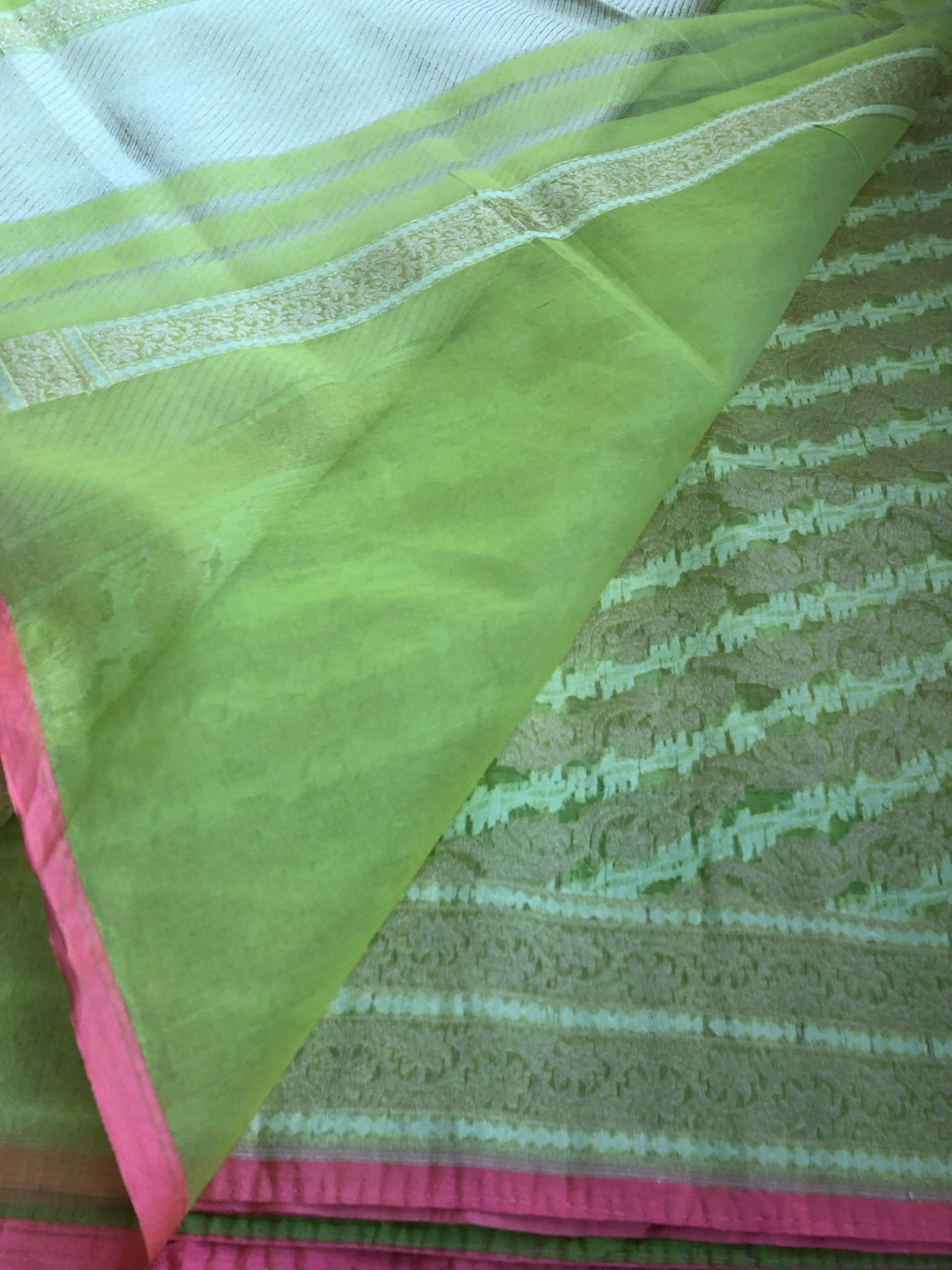 Silk Cotton Jamdaani Kora Banarasi - Fluorescent Green Zari woven