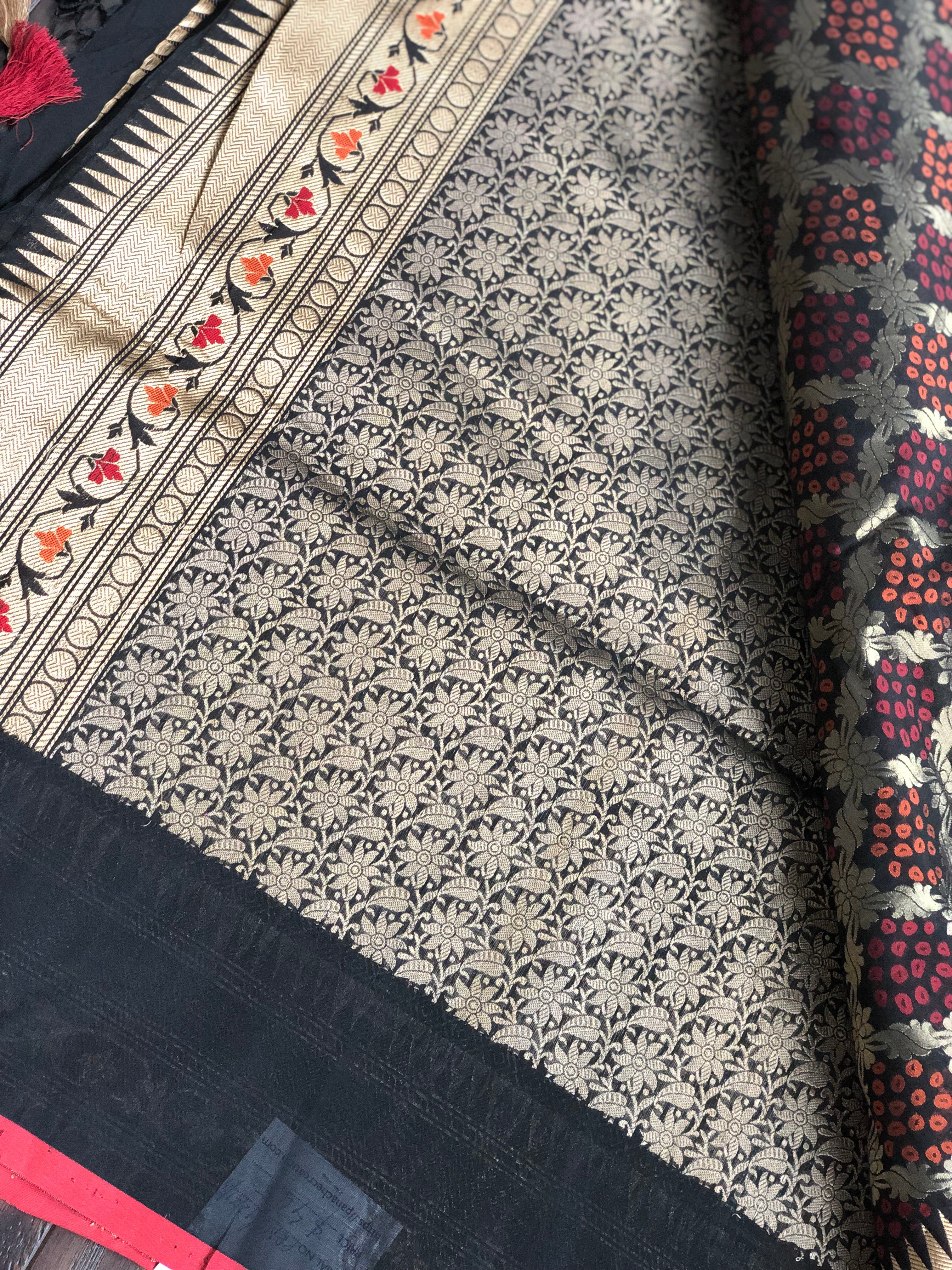 Katan Silk Banarasi - Black Bandhej Paithani Woven