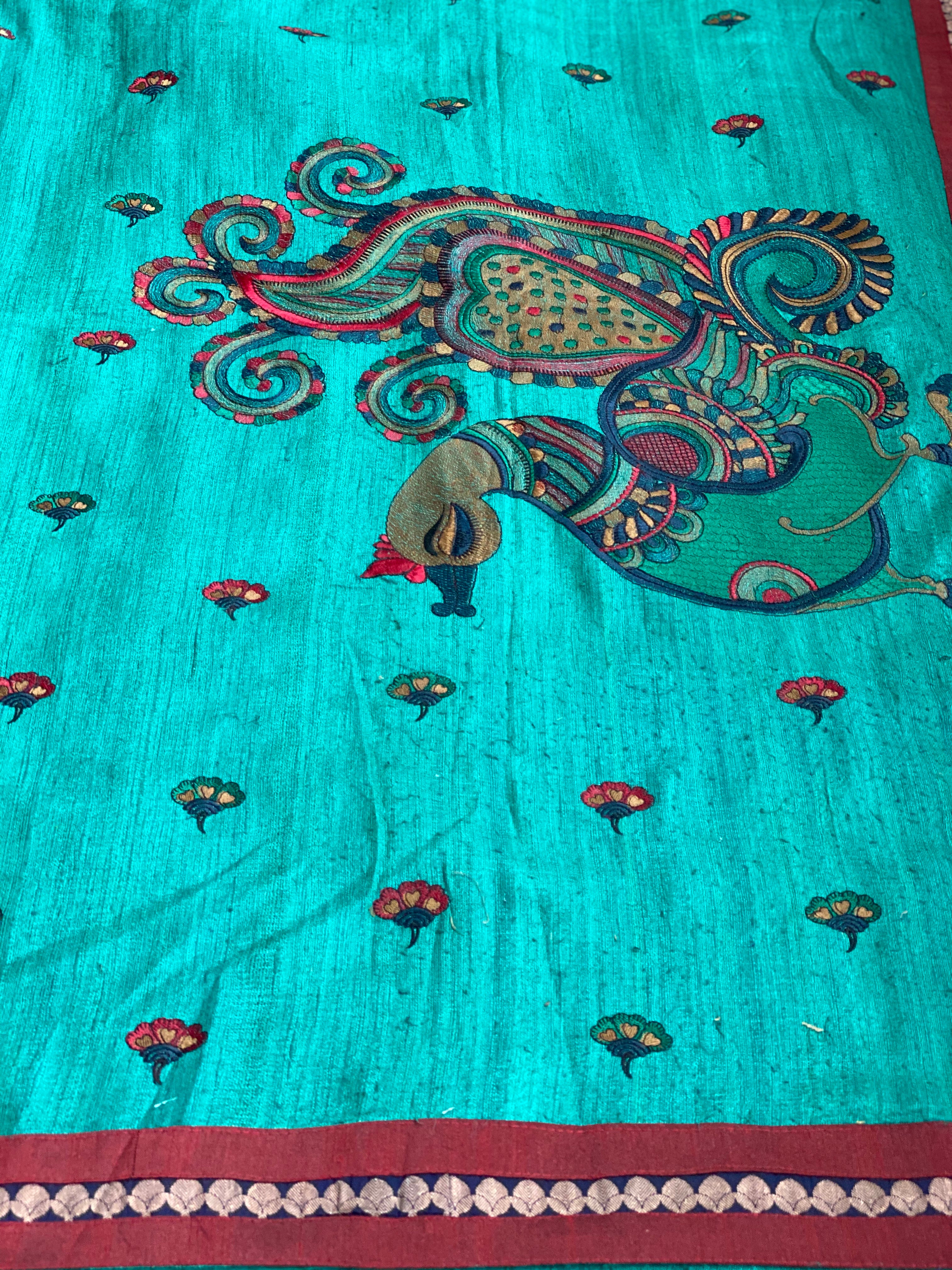 Designer Tussar Gicha Silk - Teal Green Peacock embroidered