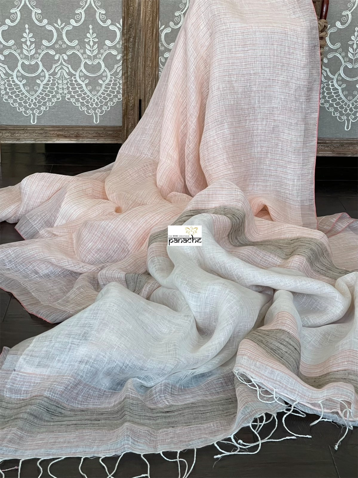 Linen Handloom - Off White Peach Silver Zari