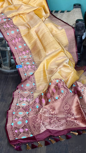 Tussar Silk Banarasi - Peach Yellow Antique Zari