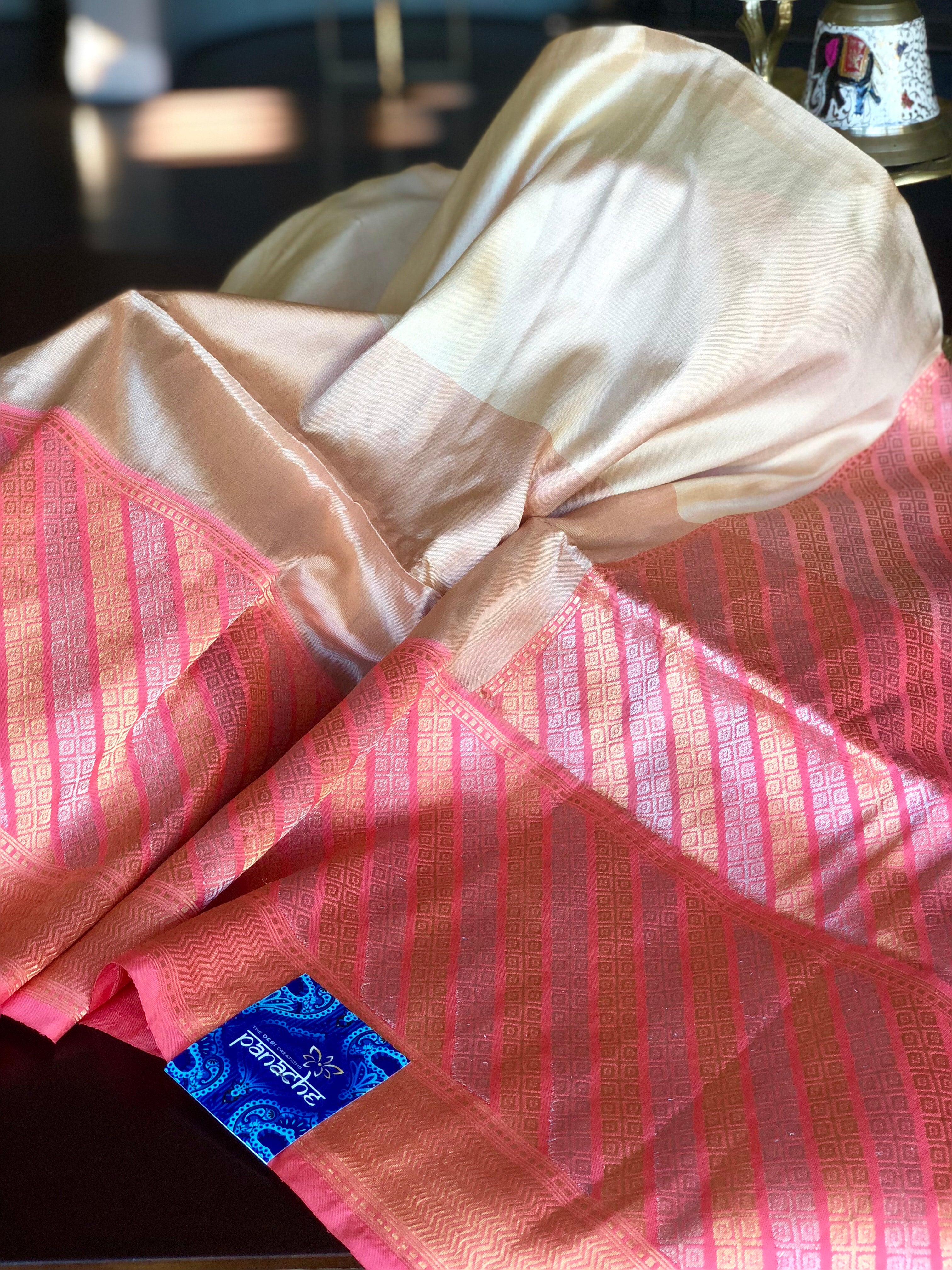 Pure Katan Silk Benarasi - Ivory Pink Golden Silver Zari