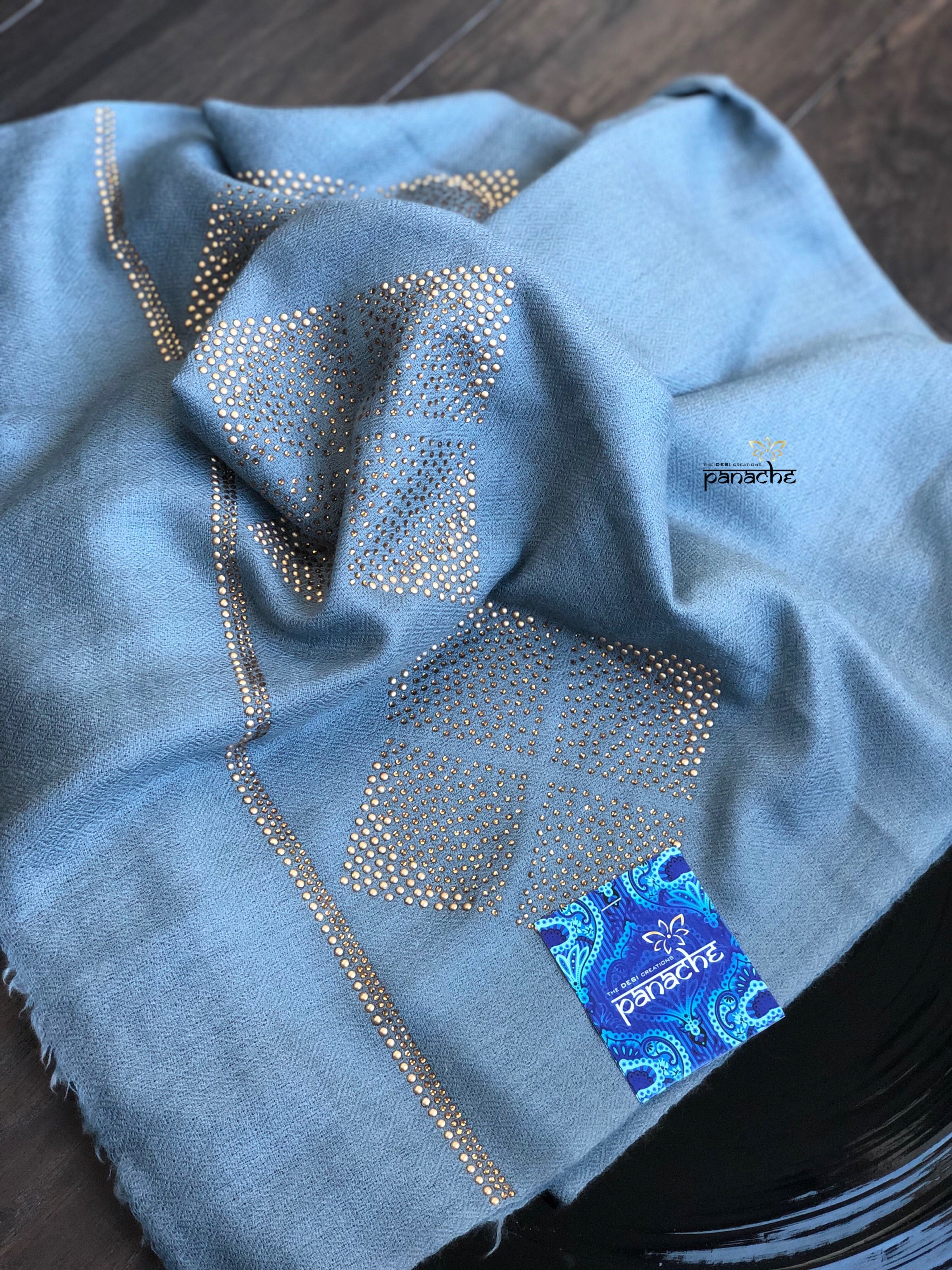 Pure Pashmina Stole - Bluish Grey Golden Embellishments