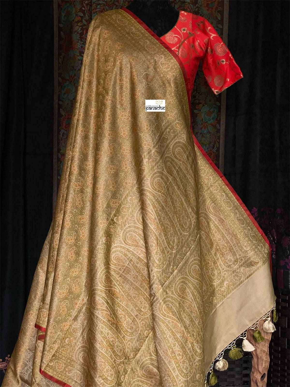 Pure Satin Silk Tanchoi Banarasi - Beige Grey Pista Green Kani Woven
