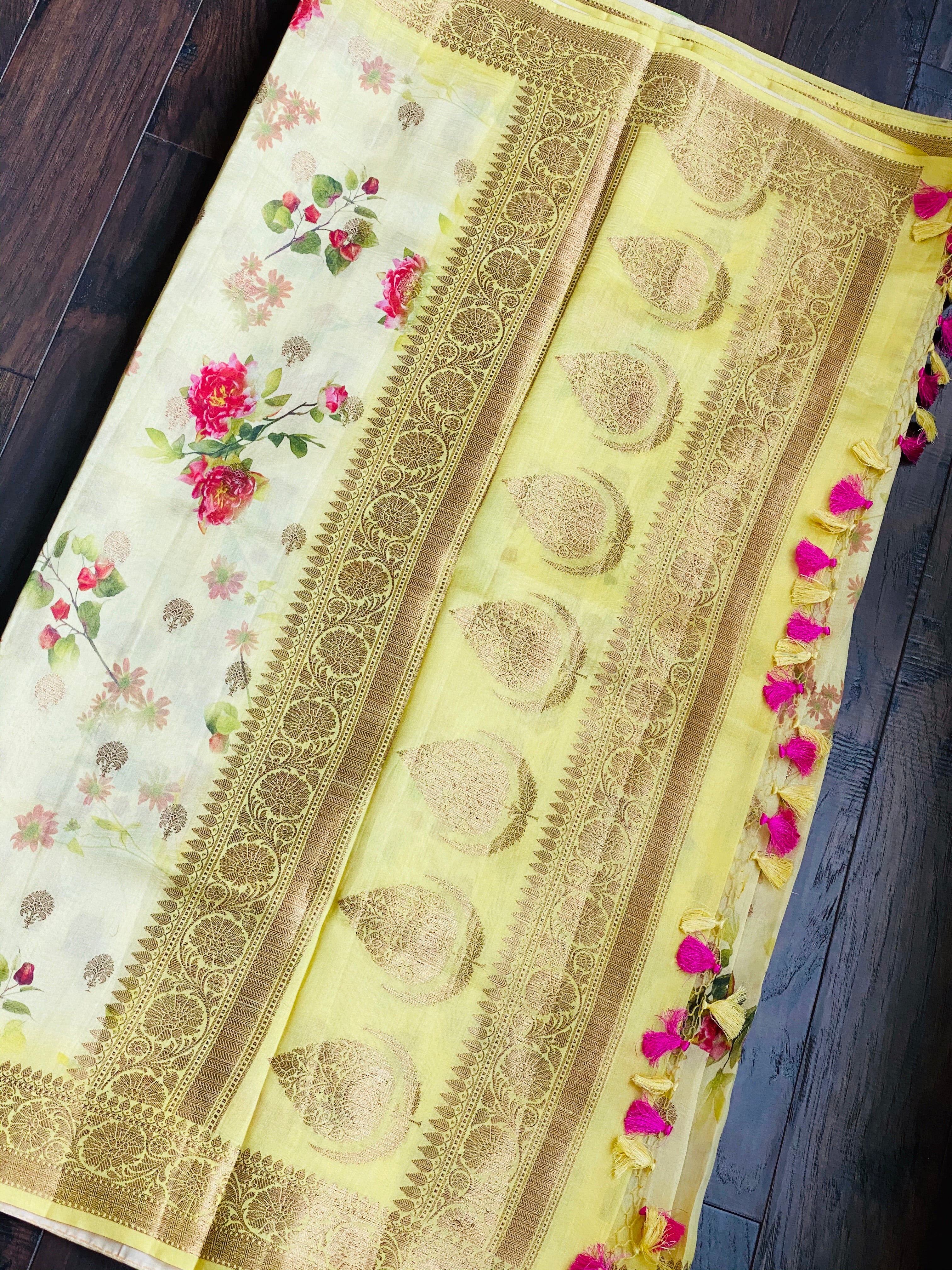 Chiniya Silk Banarasi Floral - Lemon Yellow Golden Zari