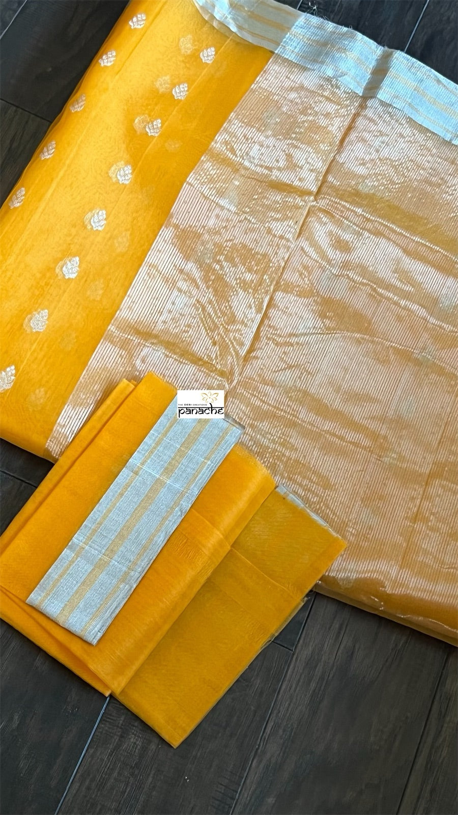 Pure Chanderi Organza Silk - Orangish Yellow Silver Zari