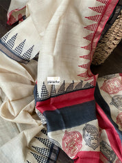 Pure Tussar Silk Printed -  Beige Red Black