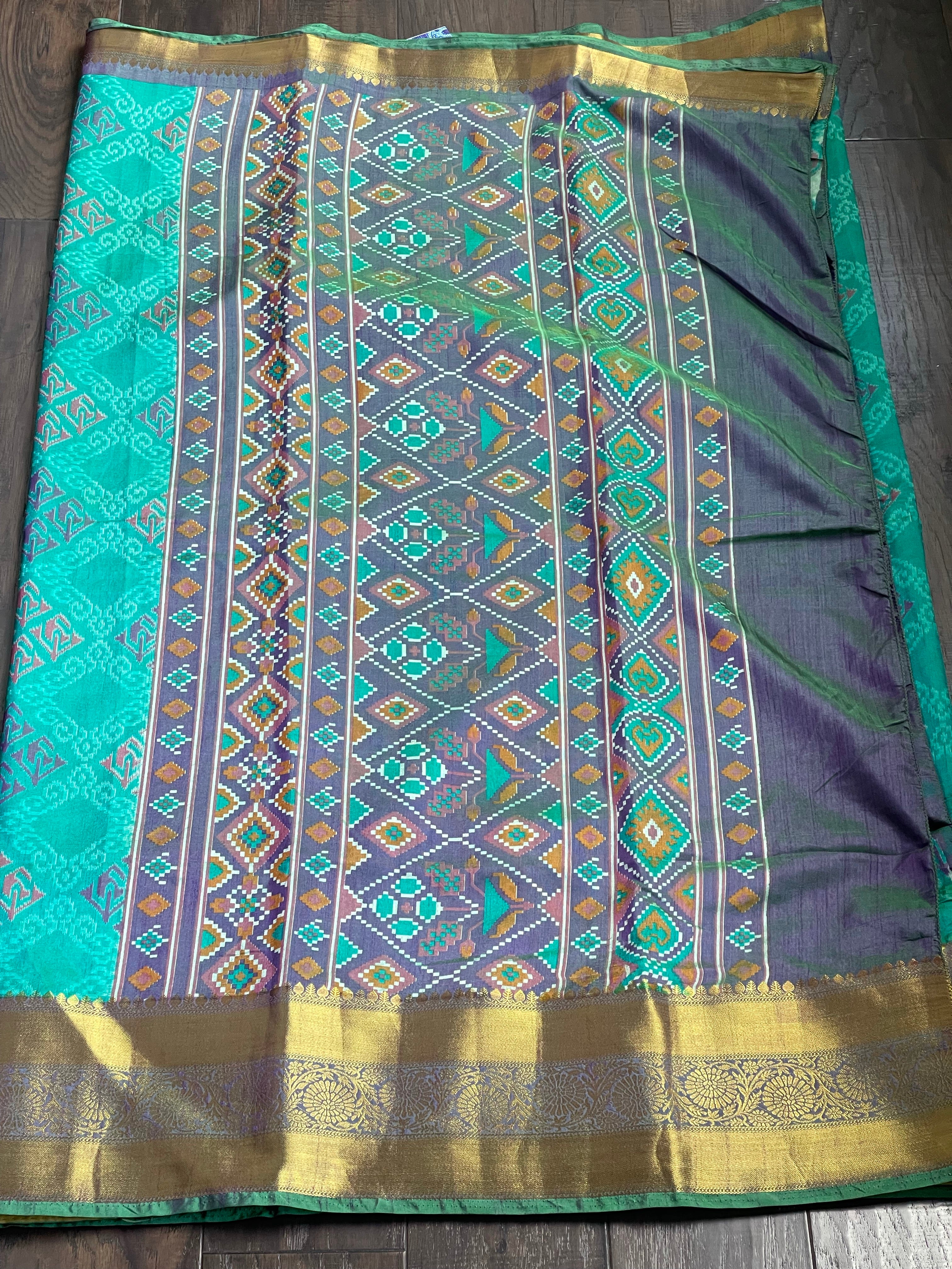 Designer Soft Silk Printed - Sea Green Firozi Patola