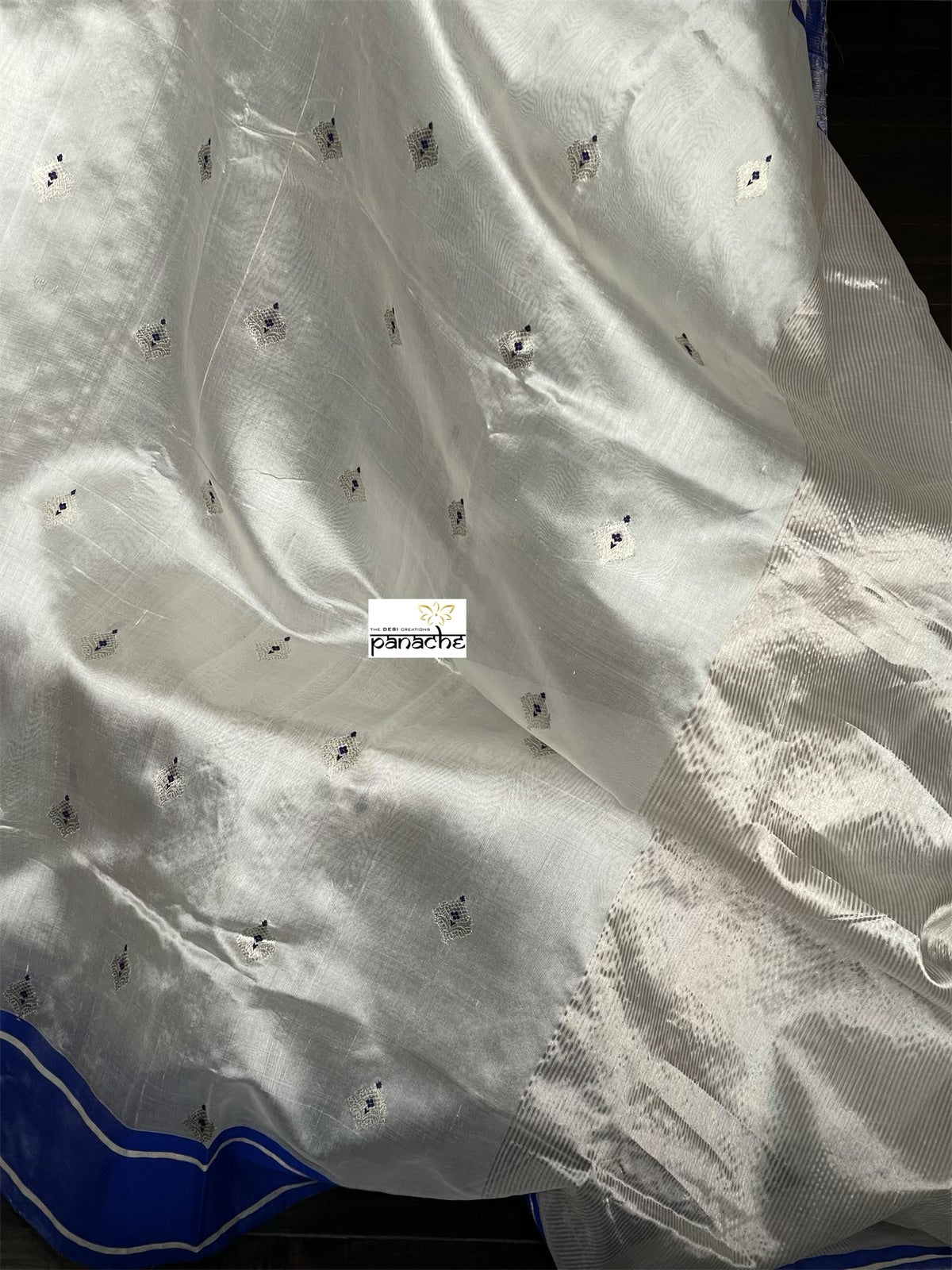 Pure Chanderi Pattu Silk - Off white Blue Eknaliya Woven Meenakari