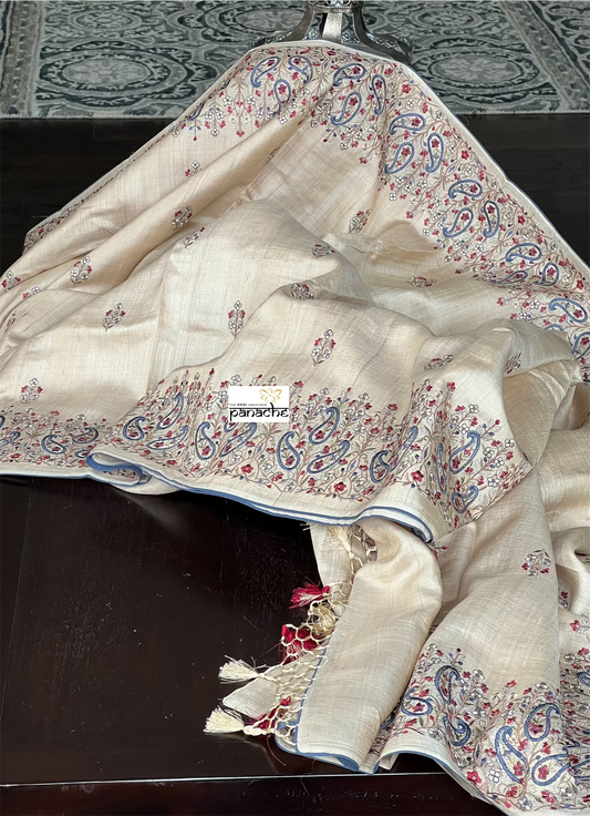 Embroidered Tussar Silk - Beige Paisley