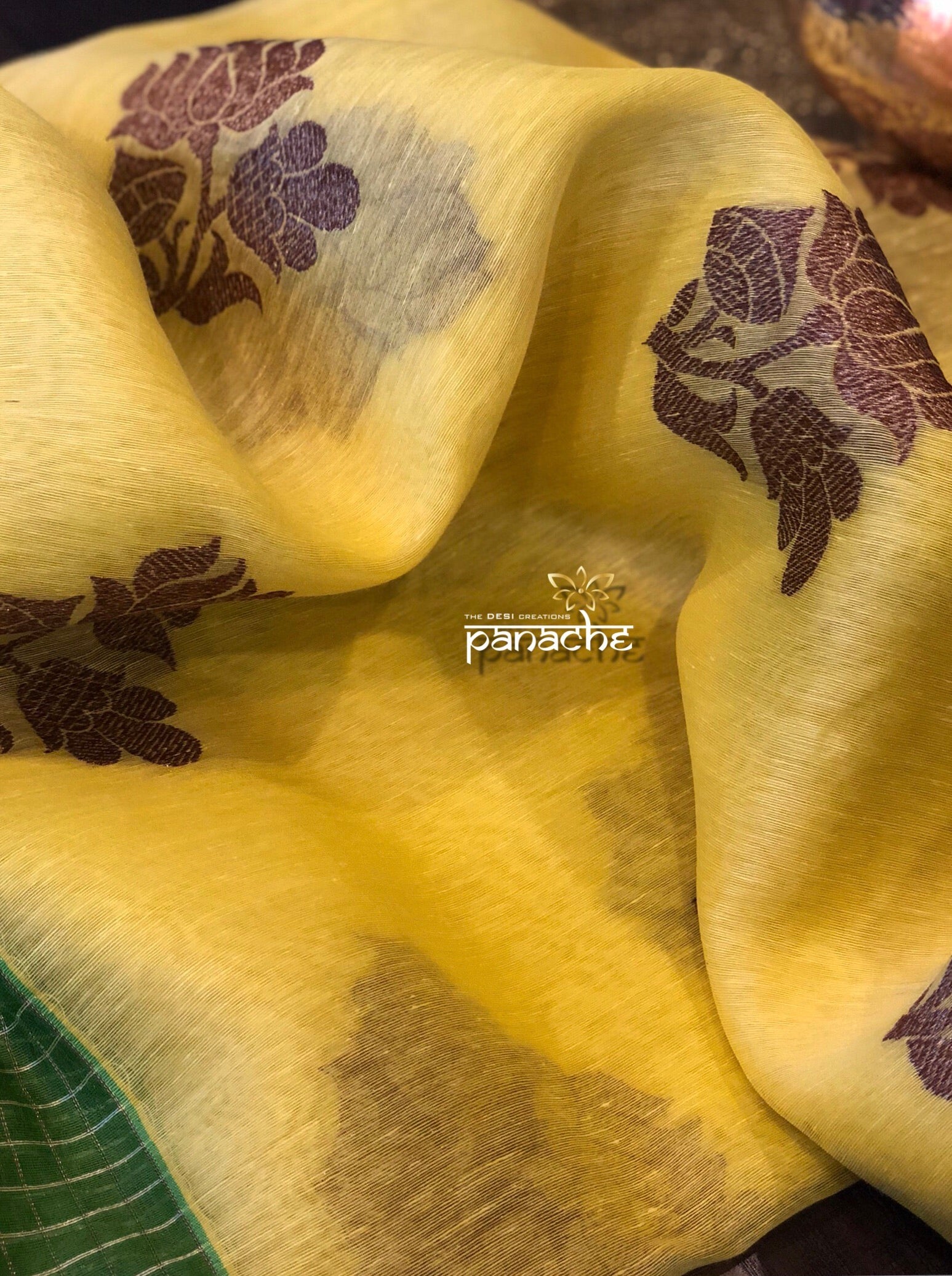 Linen Silk Banarasi - Yellow Green Antique Lotus