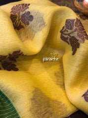 Linen Silk Banarasi - Yellow Green Antique Lotus