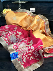Designer Tussar Silk - Golden Yellow Raspberry Red