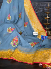 Pure Khaddi Georgette Banarasi - Grey Yellow Kadwa Paisley Meenakari