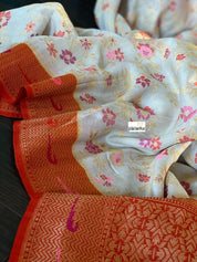 Khaddi Tussar Banarasi - Tilfi woven Beige Orange Multi Meenakari