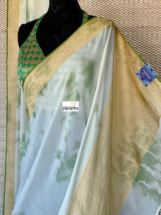 Khaddi Georgette Banarasi - Off-White Green Tie-dye Khadhua Woven