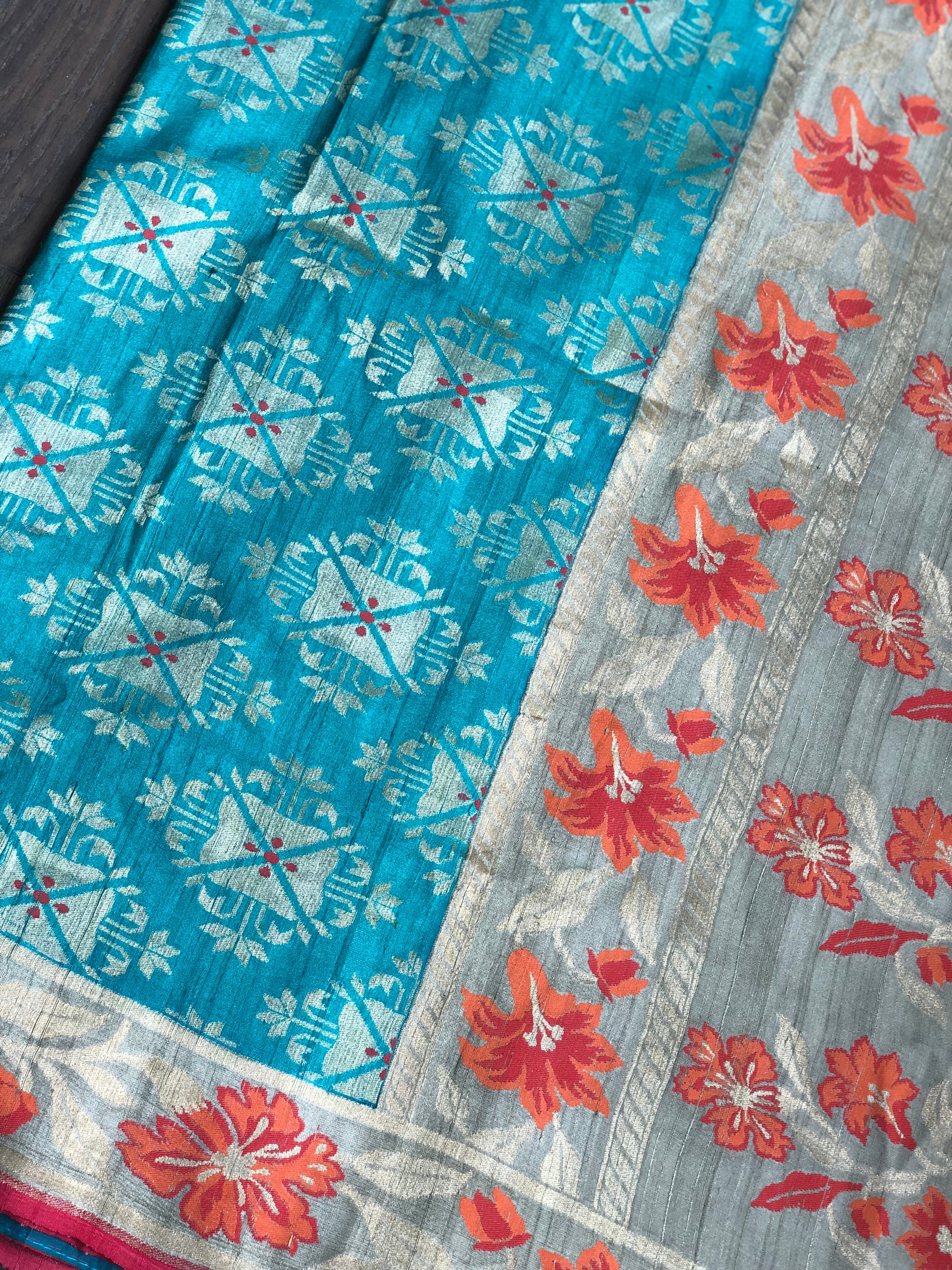 Tussar Georgette Banarasi- Teal Blue Orange Paithani border