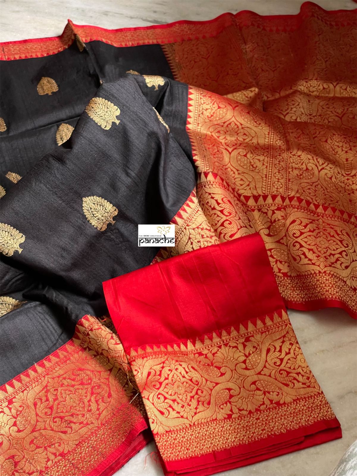 Pure Tussar Silk Banarasi - Black Red