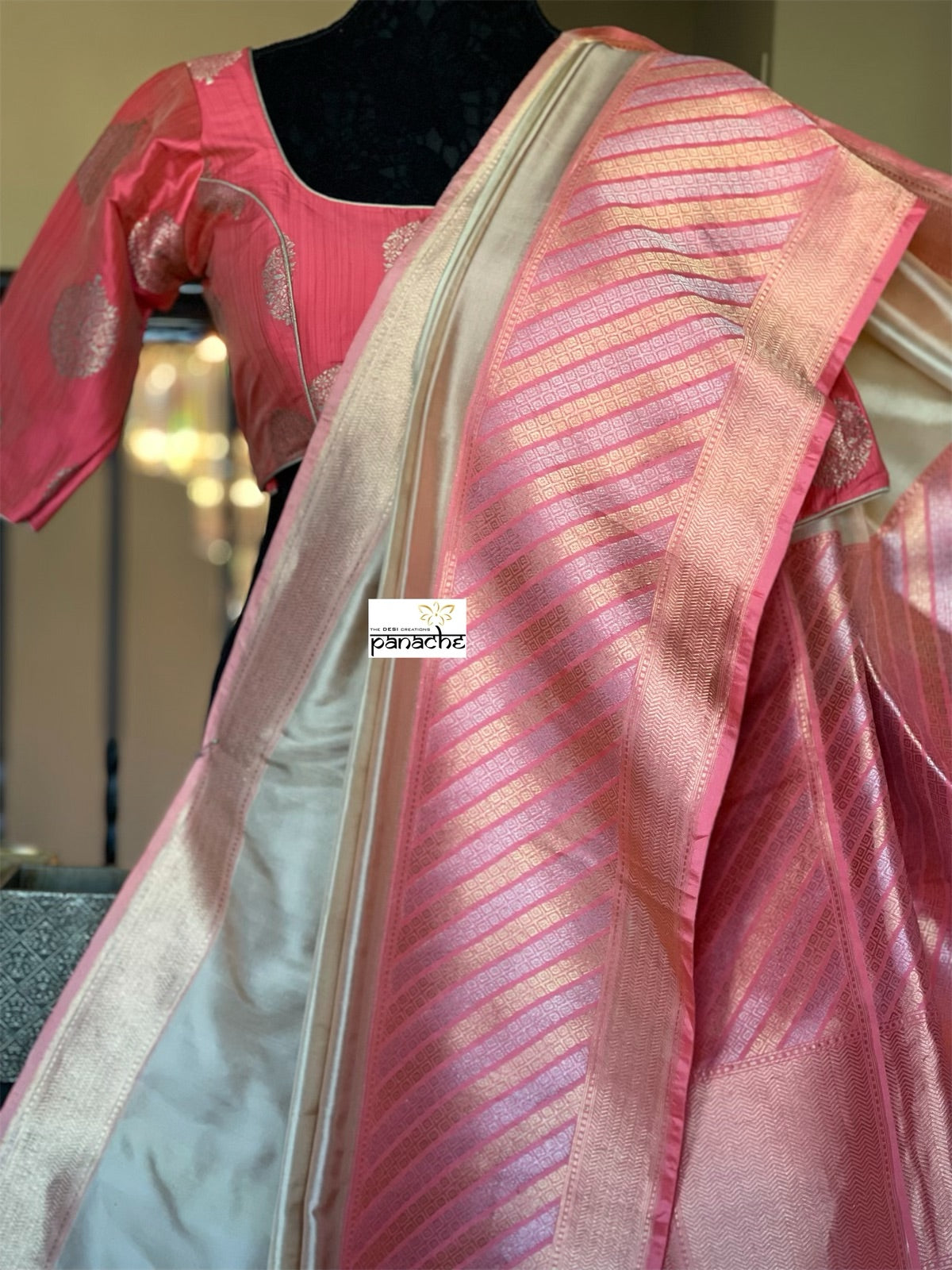 Pure Katan Silk Benarasi - Ivory Pink Golden Silver Zari