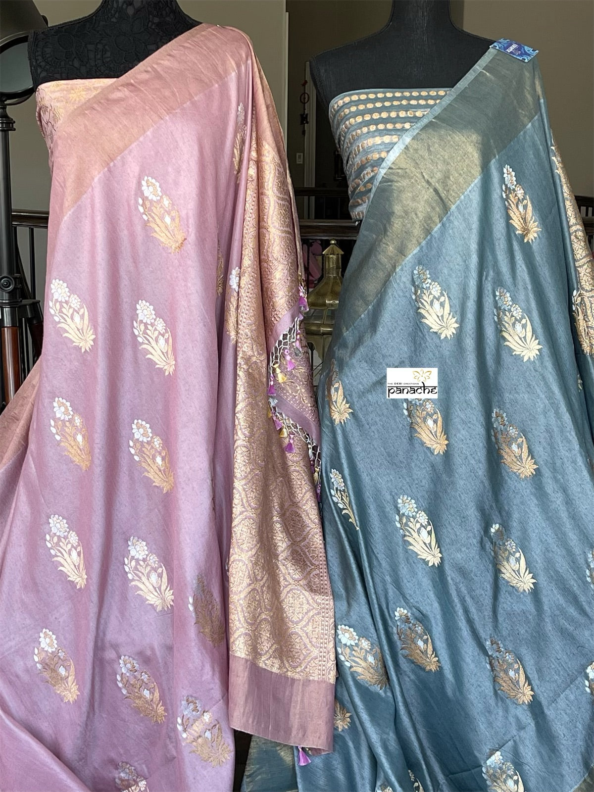 Muga Silk Banarasi - Mauve Pink Golden Silver Zari Meena
