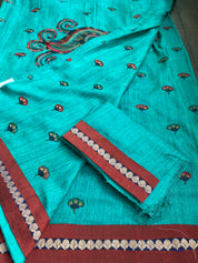 Designer Tussar Gicha Silk - Teal Green Peacock embroidered