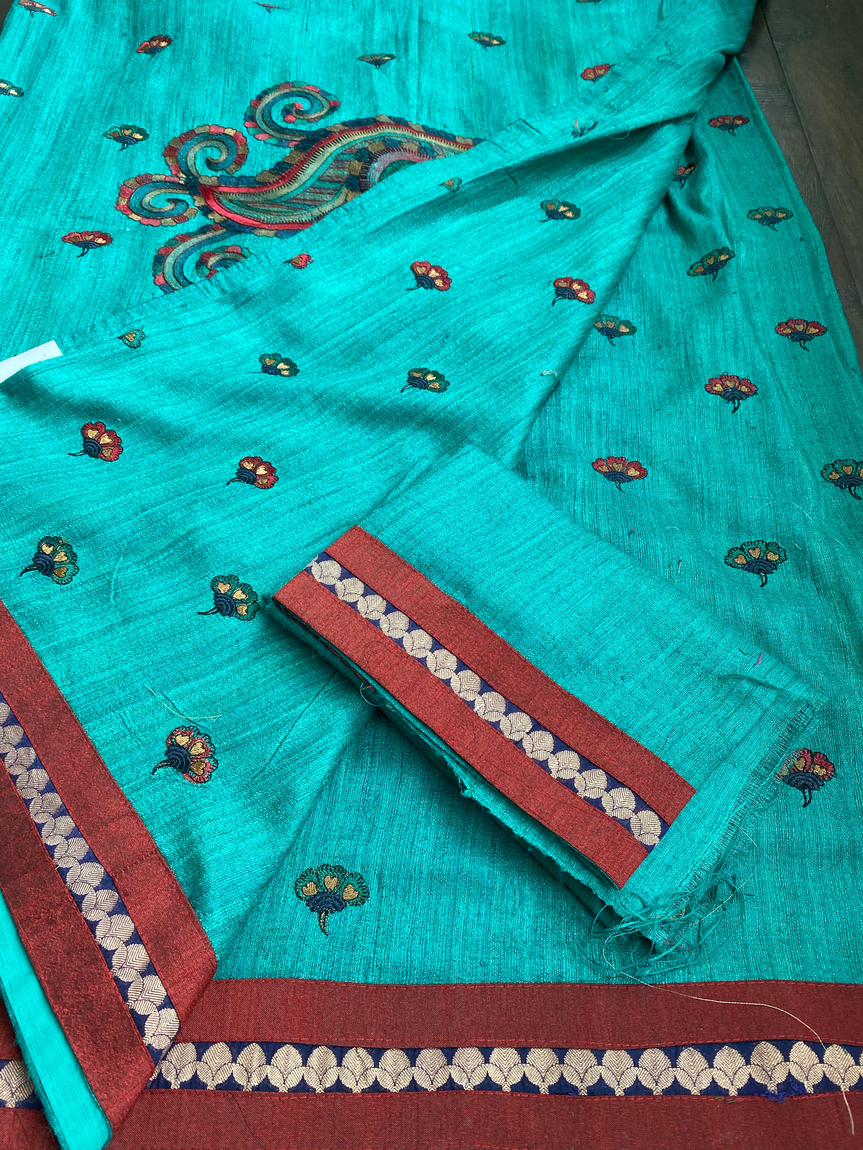 Designer Tussar Gicha Silk - Teal Green Peacock embroidered