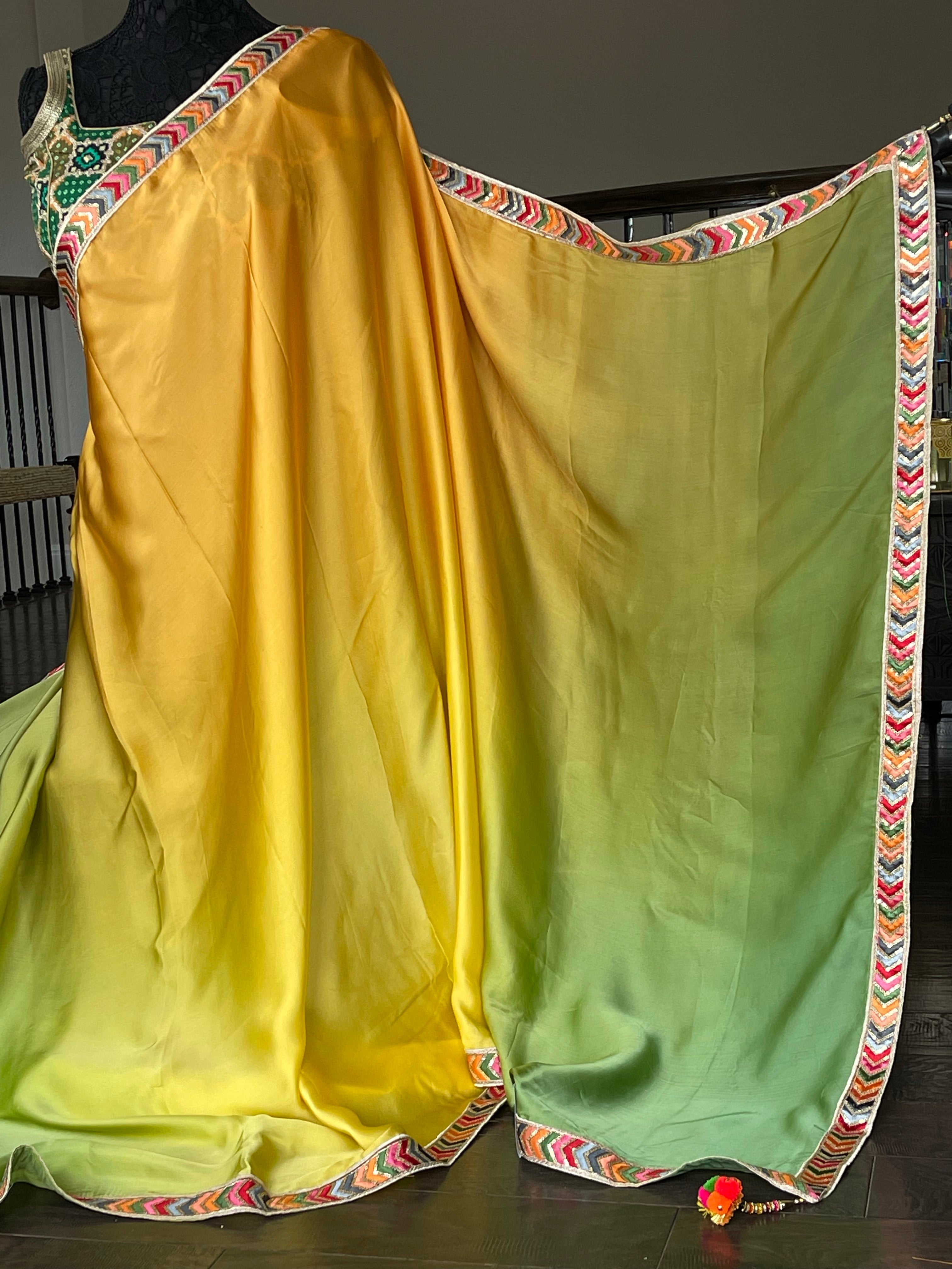 Designer Satin Silk - Yellow Green Shaded